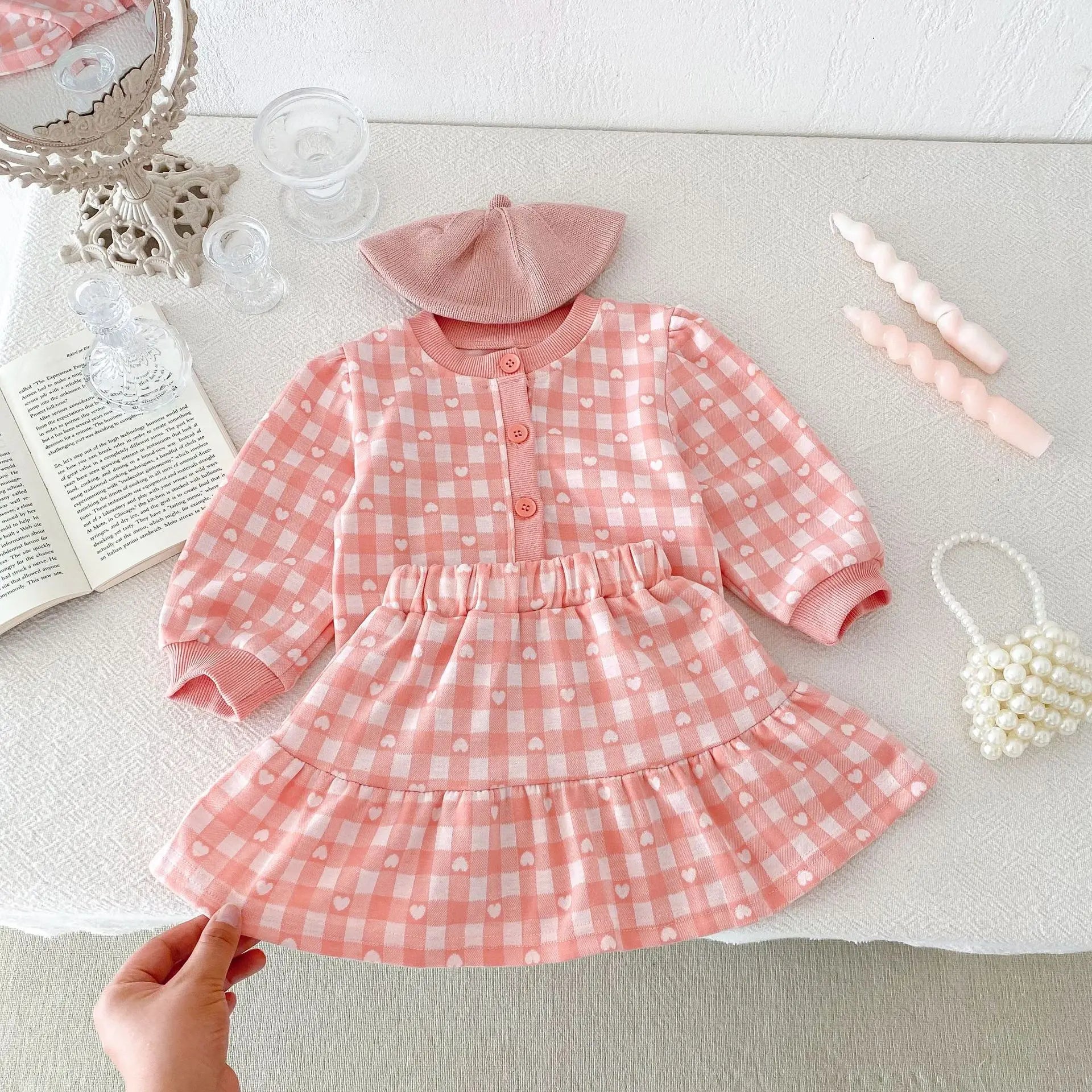 長袖セットアップ pink / 12M  80cm / 取り寄せ（7〜30日） キッズセットアップ 2点セット ハートチェック長袖カーディガントップス+スカート 2カラー