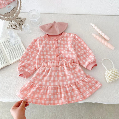 長袖セットアップ pink / 12M  80cm / 取り寄せ（7〜30日） キッズセットアップ 2点セット ハートチェック長袖カーディガントップス+スカート 2カラー