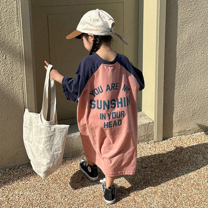 半袖ワンピース pink / 12M/80cm キッズ レターロゴ 半袖 ラグラン ビッグシルエット ロング Tシャツ ワンピース ピンク ブラック ガールズ