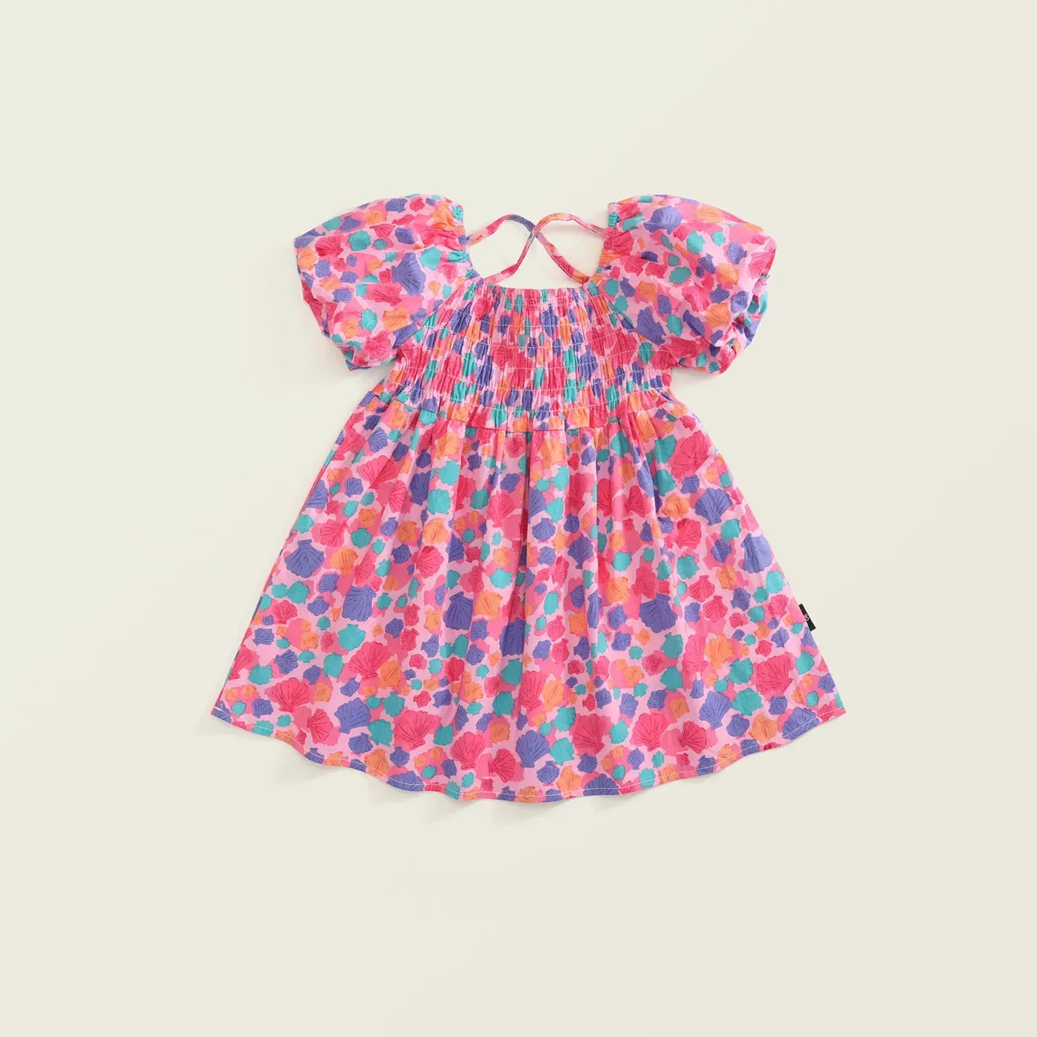 半袖ワンピース Pink / 130cm 6-7y キッズワンピース 半袖パフスリーブバッククロスワンピース カラフルシェル貝殻プリント【mh0005612】