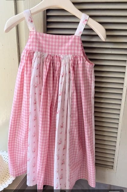 ノースリーブワンピース pink / 24M/90cm キッズ チェック フラワー 花柄 パッチワーク サスペンダー ノースリーブ ワンピース ピンク イエロー ガールズ 5879C