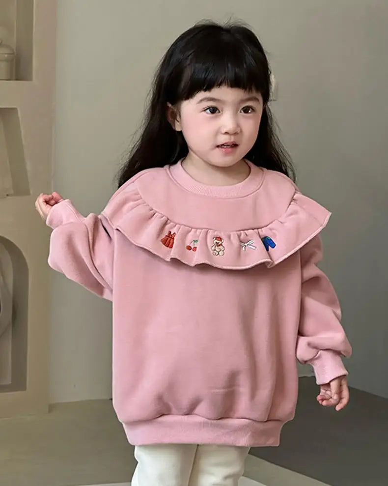 トレーナー・フーディ Pink / 24M  90CM キッズトップス ラッフルフリル刺繍裏フリース長袖スウェットトレーナー【mh0008081】