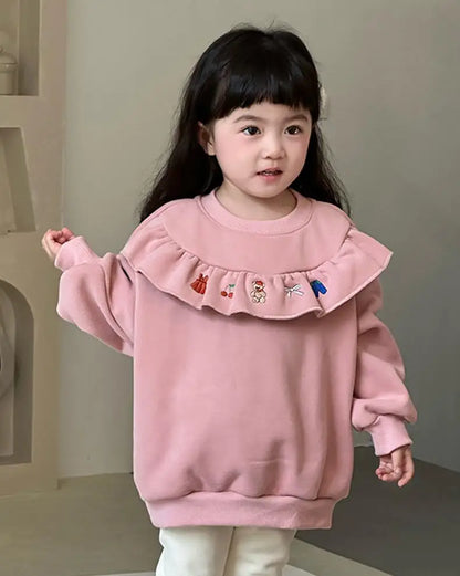 トレーナー・フーディ Pink / 24M  90CM キッズトップス ラッフルフリル刺繍裏フリース長袖スウェットトレーナー【mh0008081】