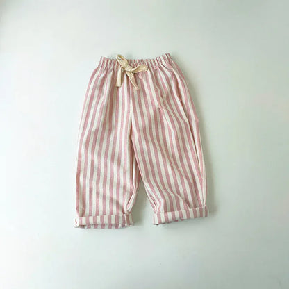 ロングパンツ・スウェットパンツ Pink / 24M  90CM キッズパンツ ストライプコットンリネンロングルーズワイドイージーパンツ【mh0008819】