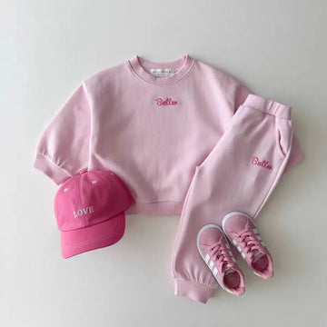 長袖セットアップ pink 2pc / 80cm 9-12m キッズセットアップ 2点セット スウェットシャツ+スウェットパンツ トレーナー レターロゴ刺繍 3カラー