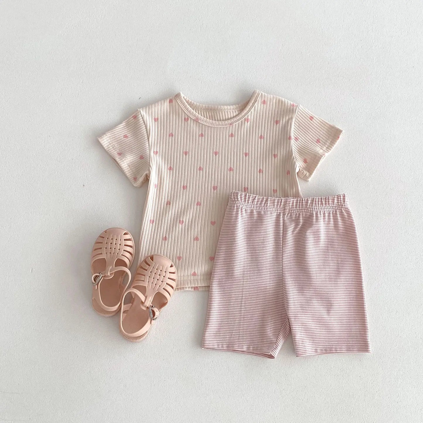 半袖パジャマ pink 2pc set / 80cm 9-12m キッズパジャマセット 半袖ハートプリントTシャツ+ボーダーショートパンツ ルームウェア 3カラー