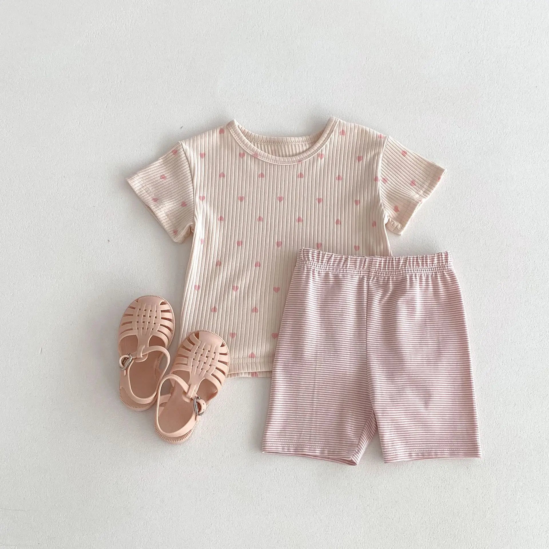 半袖パジャマ pink 2pc set / 80cm 9-12m キッズパジャマセット 半袖ハートプリントTシャツ+ボーダーショートパンツ ルームウェア 3カラー
