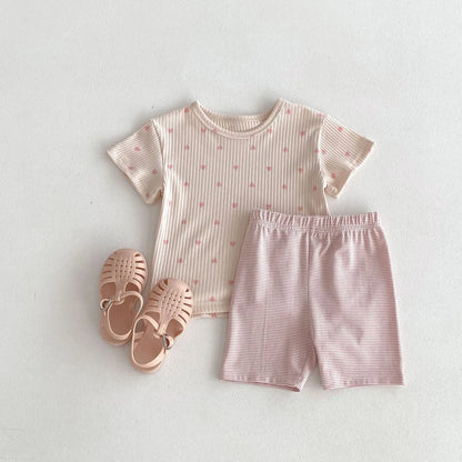 半袖パジャマ pink 2pc set / 80cm 9-12m キッズパジャマセット 半袖ハートプリントTシャツ+ボーダーショートパンツ ルームウェア 3カラー