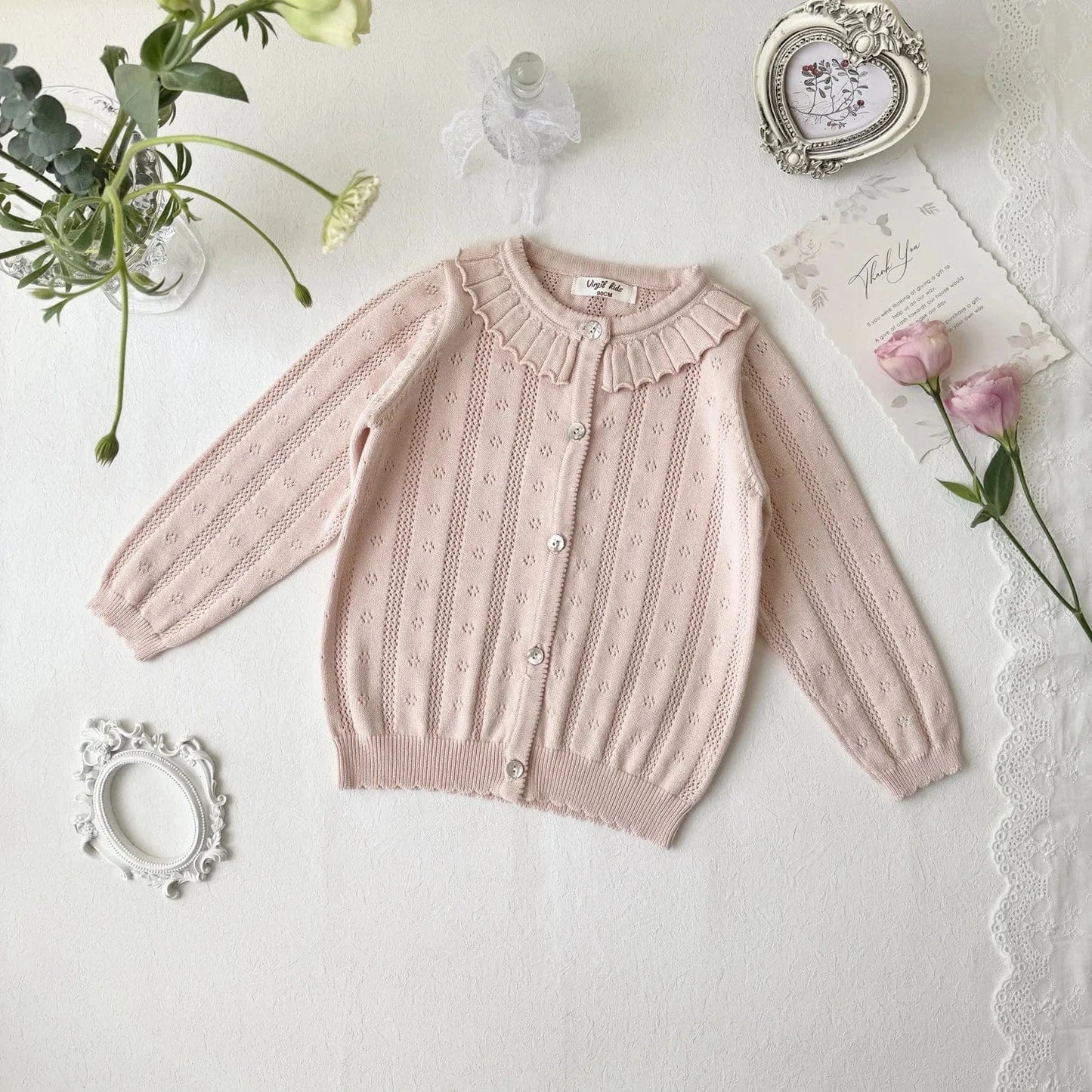 カーディガン・パーカー pink / 2T (90) キッズカーディガン レースニットトップス フリル お出かけ ブルー/ピンク/2カラー