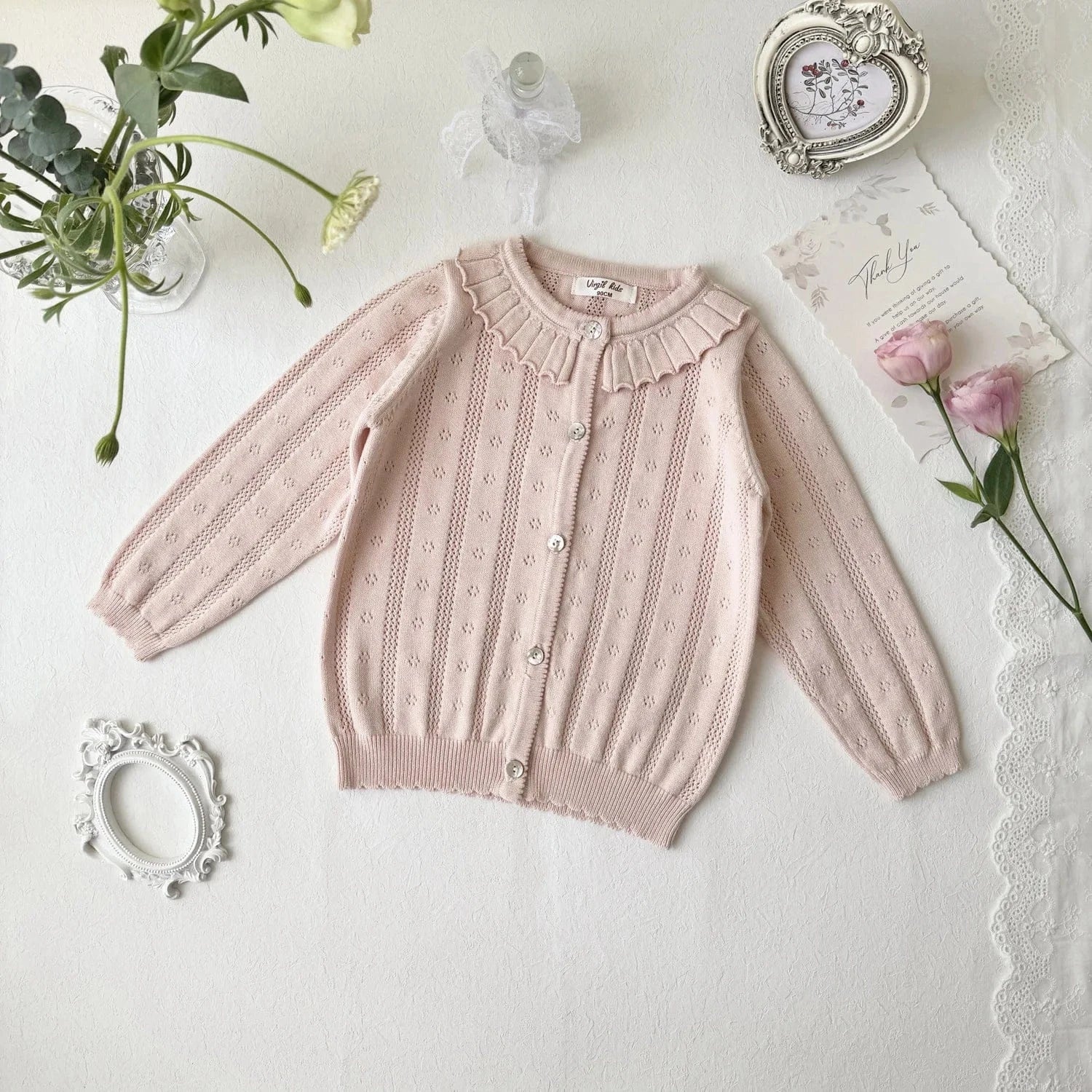 カーディガン・パーカー pink / 2T (90) キッズカーディガン レースニットトップス フリル お出かけ ブルー/ピンク/2カラー