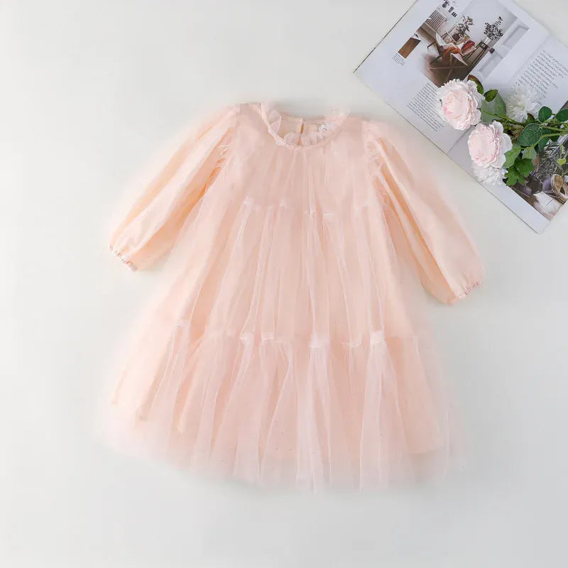 長袖ワンピース Pink / 2T (90) キッズワンピース ティアードチュチュチュールフリル長袖パーティドレスワンピース【mh0008665】