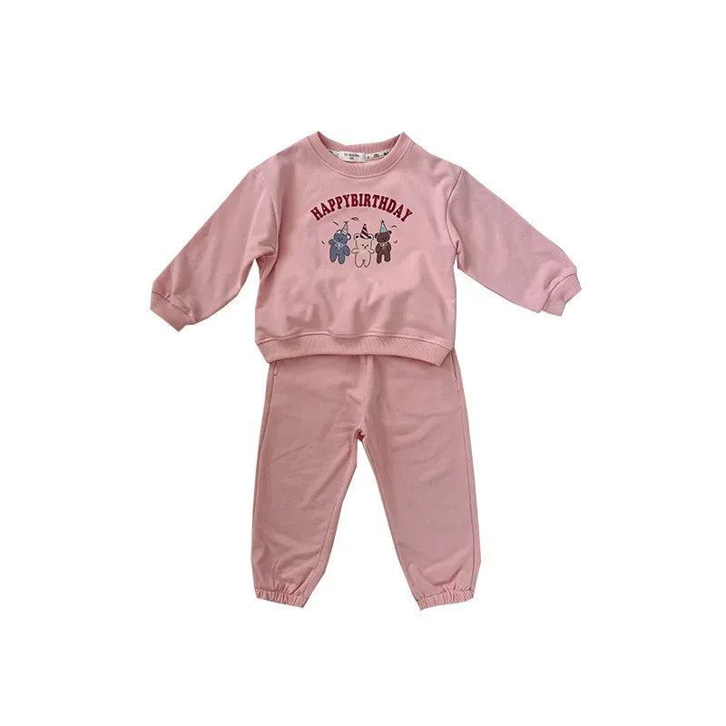 長袖セットアップ pink / 2T  90cm キッズセットアップ 2点セット スウェットシャツ ロングパンツ ハッピーバースデープリント柄 グレー/ピンク/2カラー