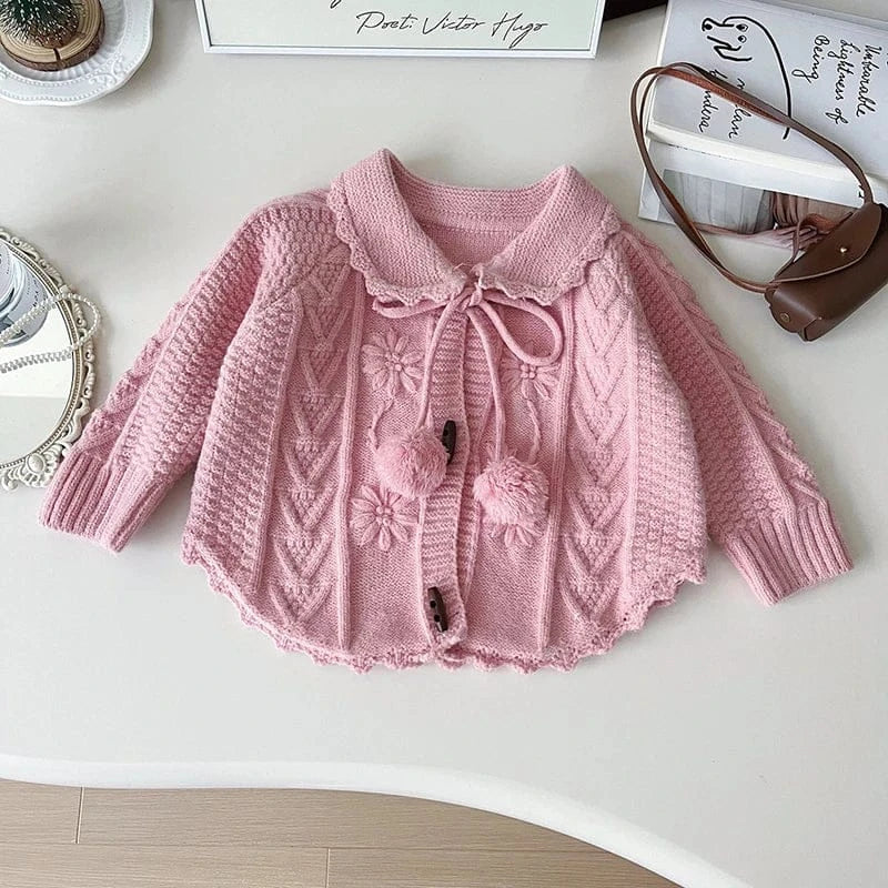 カーディガン・パーカー Pink / 2T 90cm キッズカーディガン ぽんぽんリボン襟付きニットケープジャケット 2カラー【mh0006937】
