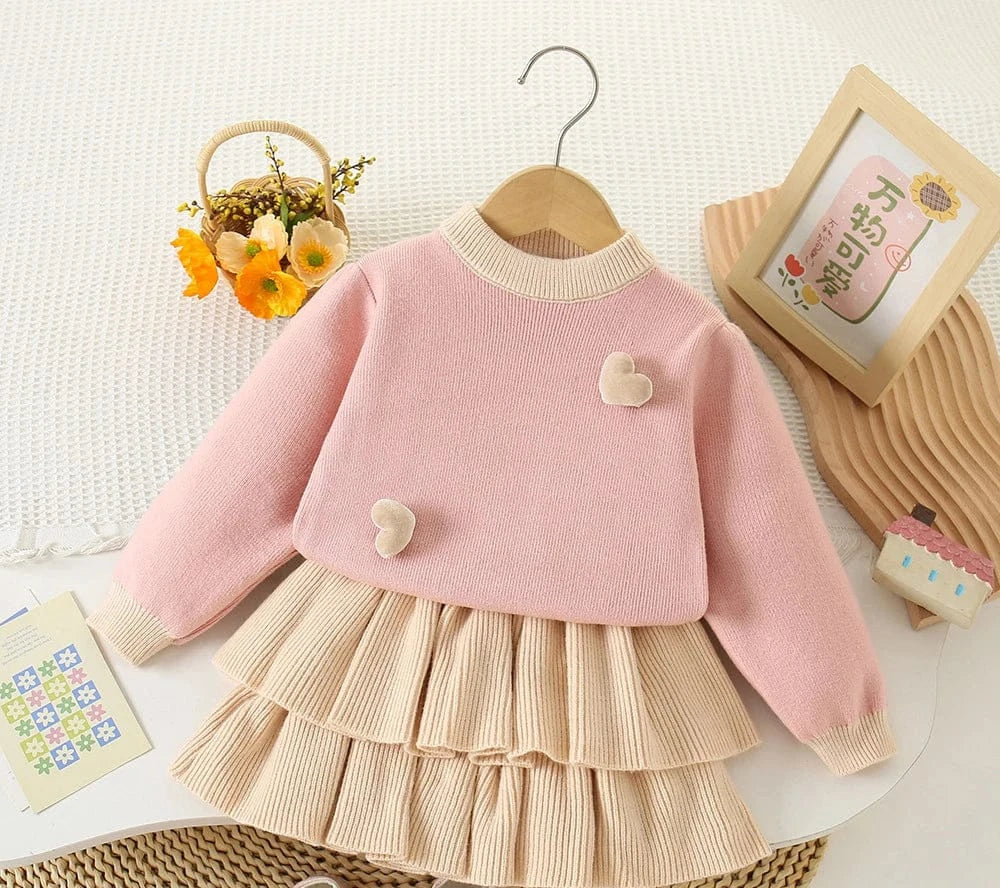 長袖セットアップ Pink / 2T 90cm キッズセットアップ 2点セット ハート長袖ニットセータープルオーバー+ハイウェストティアードフリルニットミニスカート【mh0007709】