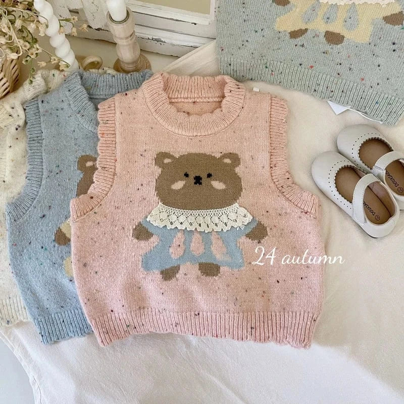 ベスト Pink / 2T 90cm キッズベスト ベアくまレースニットベストトップス 3カラー【mh0006917】