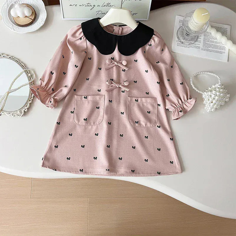 長袖ワンピース Pink / 2T 90cm キッズワンピース リボンプリントフラワー襟長袖ワンピース【mh0007899】