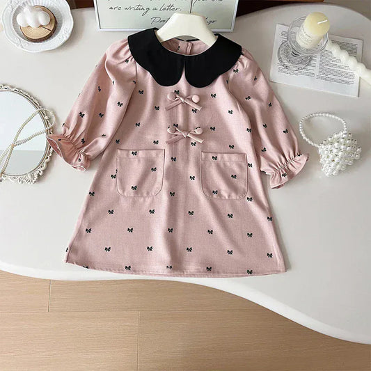 長袖ワンピース Pink / 2T 90cm キッズワンピース リボンプリントフラワー襟長袖ワンピース【mh0007899】