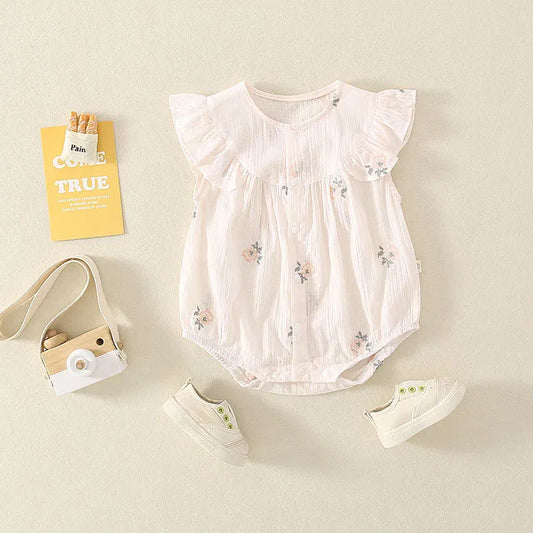半袖ロンパース Pink / 3-6M 66cm ベビーロンパース 半袖フリルスリーブボディスーツ ナチュラルフラワープリント ピンク【mh0005769】