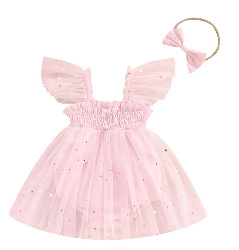 ノースリーブロンパース pink / 59cm 0-3M ベビーロンパース チュチュ チュールスカート スパンコール ベビードレス リボンヘアバンドセット 3カラー