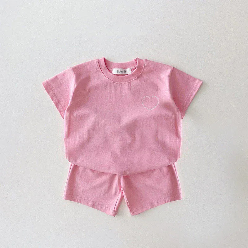 半袖セットアップ Pink / 6-12M 73 ☺︎ ベビーキッズセットアップ 2点セット 半袖プリントTシャツ+ショートパンツ ハート