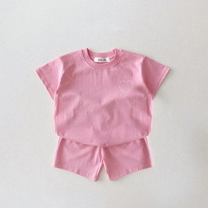 半袖セットアップ Pink / 6-12M 73 ☺︎ ベビーキッズセットアップ 2点セット 半袖プリントTシャツ+ショートパンツ ハート