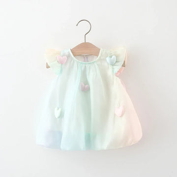 半袖ワンピース Pink / 6(9-12M) 73cm ☺︎ ベビーワンピース 半袖パフスリーブシフォンドレス ハート パステルカラー
