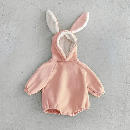 長袖ロンパース Pink / 65cm ベビーロンパース うさ耳フーディ裏ボアフリースボディスーツ 4カラー【mh0007749】