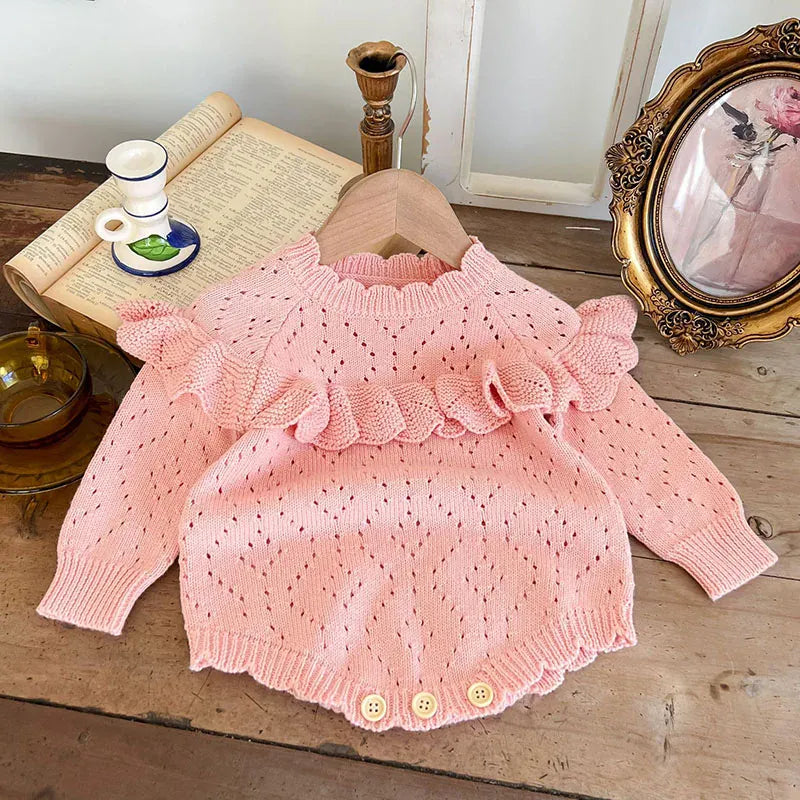 長袖ロンパース pink / 66cm ベビー長袖ロンパース レースニットボディスーツ ボリュームフリル