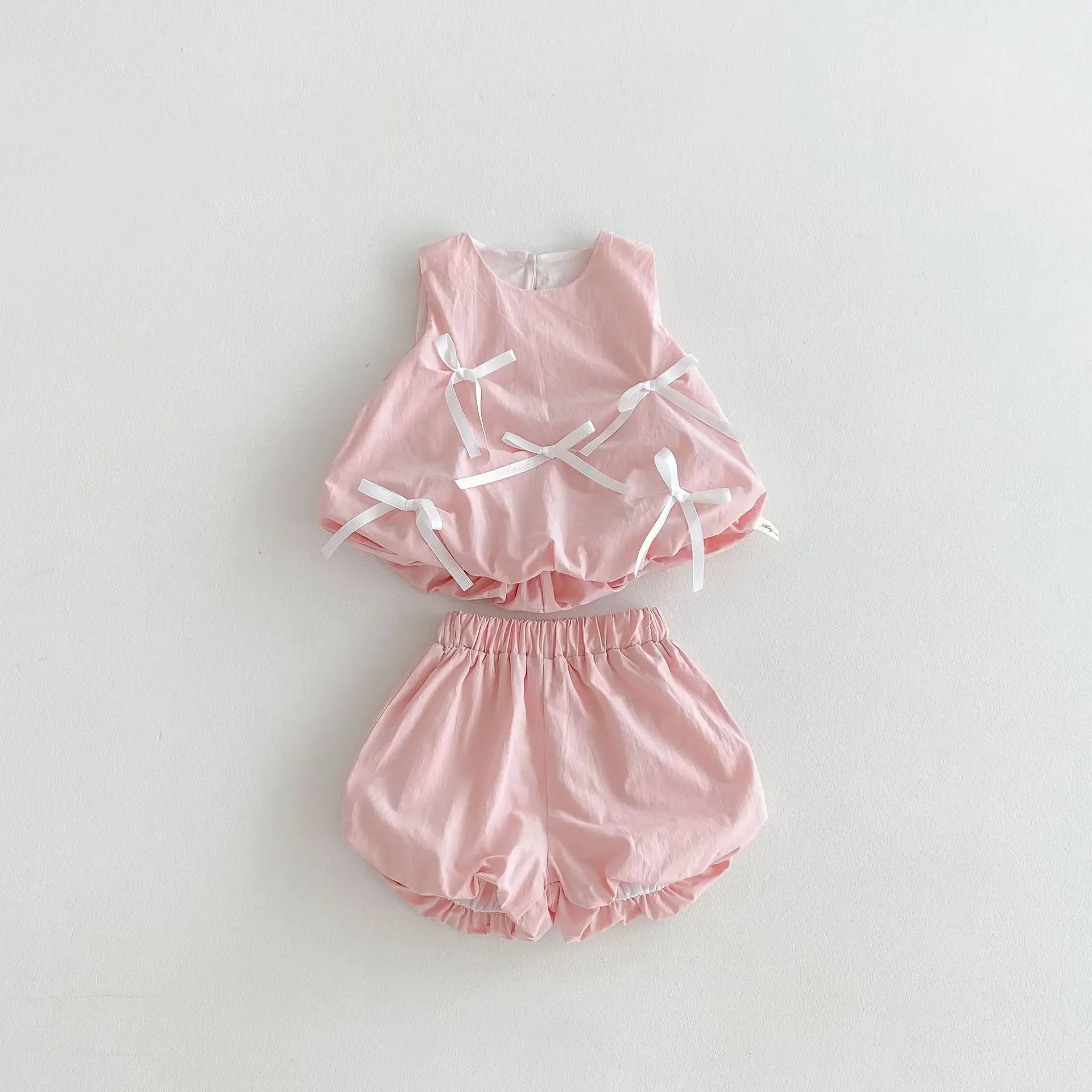 ノースリーブセットアップ pink / 66cm 0-6m ベビーセットアップ 2点セット ノースリーブチュニックブラウス+バルーンショートパンツ リボン/あひる 2カラー
