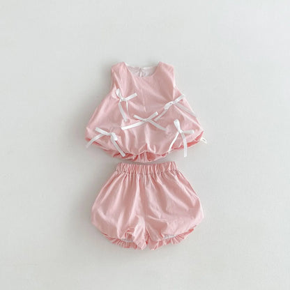 ノースリーブセットアップ pink / 66cm 0-6m ベビーセットアップ 2点セット ノースリーブチュニックブラウス+バルーンショートパンツ リボン/あひる 2カラー