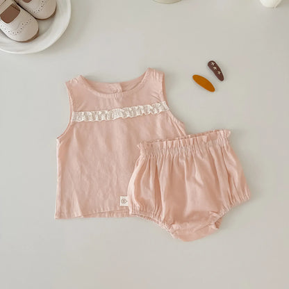 ノースリーブセットアップ Pink / 66cm 0-6m ベビーセットアップ 2点セット ノースリーブフリルタンクトップ+ブルマパンツ 2カラー【mh0005538】