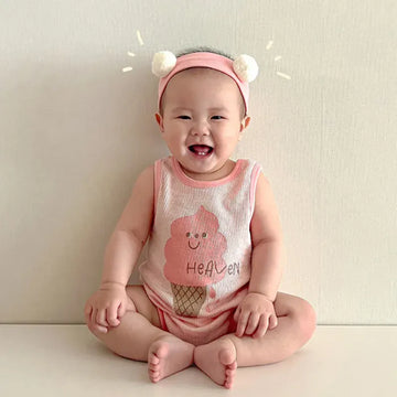 ノースリーブロンパース Pink / 66cm 0-6m ベビーロンパース タンク ノースリーブボディスーツ アイスクリームプリント 2カラー【mh0005259】