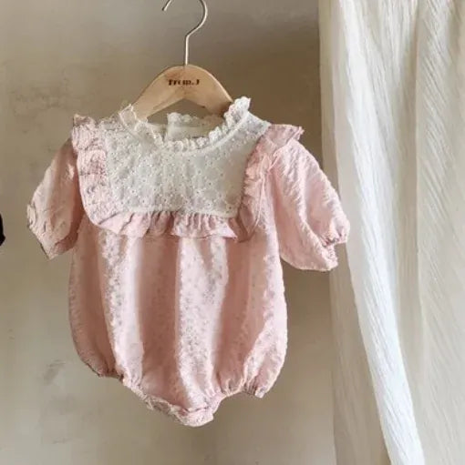 半袖ロンパース Pink / 66cm 0-6m ベビーロンパース 半袖フリルボディスーツ 2カラー【mh0005535】