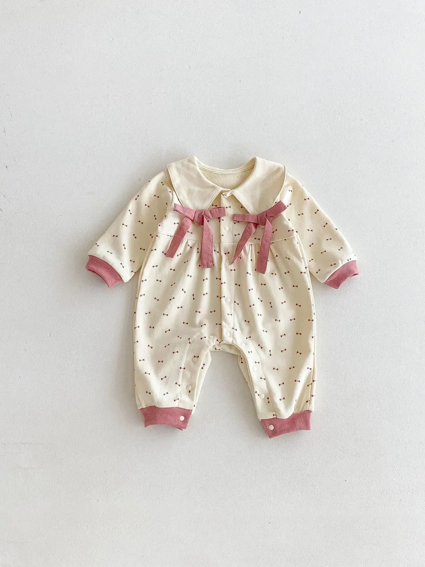 長袖ロンパース Pink / 66cm 0-6m ベビーロンパース ビッグリボン丸襟長袖ジャンプスーツ 2カラー【mh0007100】