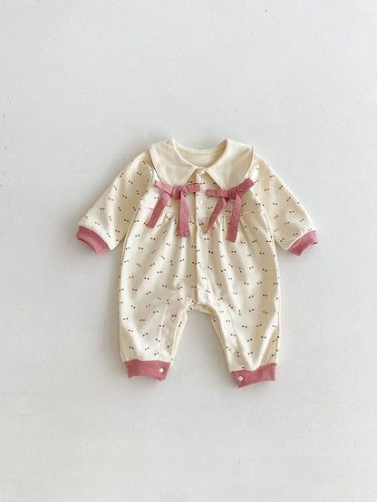 長袖ロンパース Pink / 66cm 0-6m ベビーロンパース ビッグリボン丸襟長袖ジャンプスーツ 2カラー【mh0007100】