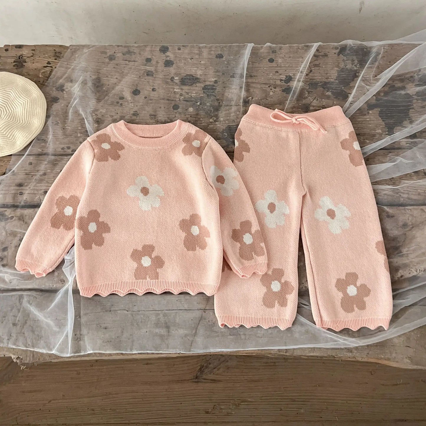 長袖セットアップ Pink / 66cm 0-6m ベビーセットアップ 2点セット レトロフラワーニット長袖カットソー+ロングニットパンツ ピンク【mh0007431】