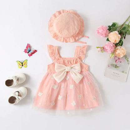 ノースリーブワンピース Pink / 66cm 0-6m ベビーワンピース ノースリーブチュールスカートサマードレス バタフライ蝶 帽子セット 4カラー【mh0005277】