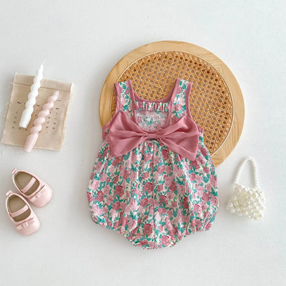 ノースリーブロンパース Pink / 66cm 0-6m ベビーロンパース ノースリーブボディスーツ フラワー花柄プリント リボン【mh0005096】