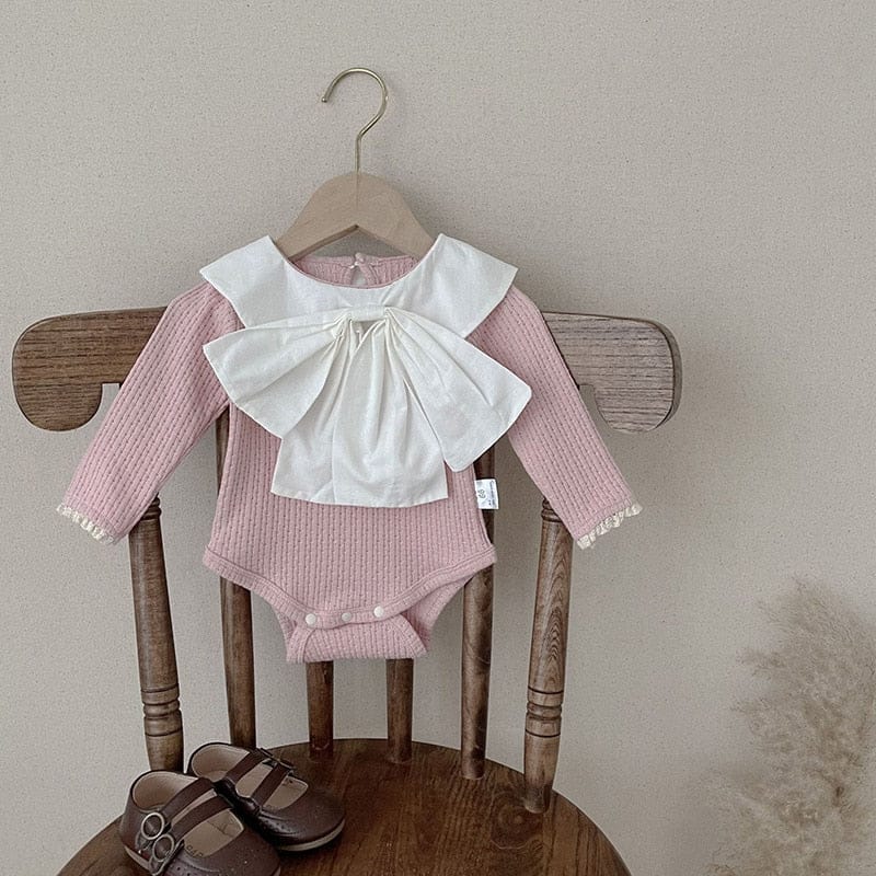 長袖ロンパース pink / 66cm ベビー 長袖ロンパース ビッグリボン ニット ピンク カーキ 2カラー ガールズ 女の子 子供服