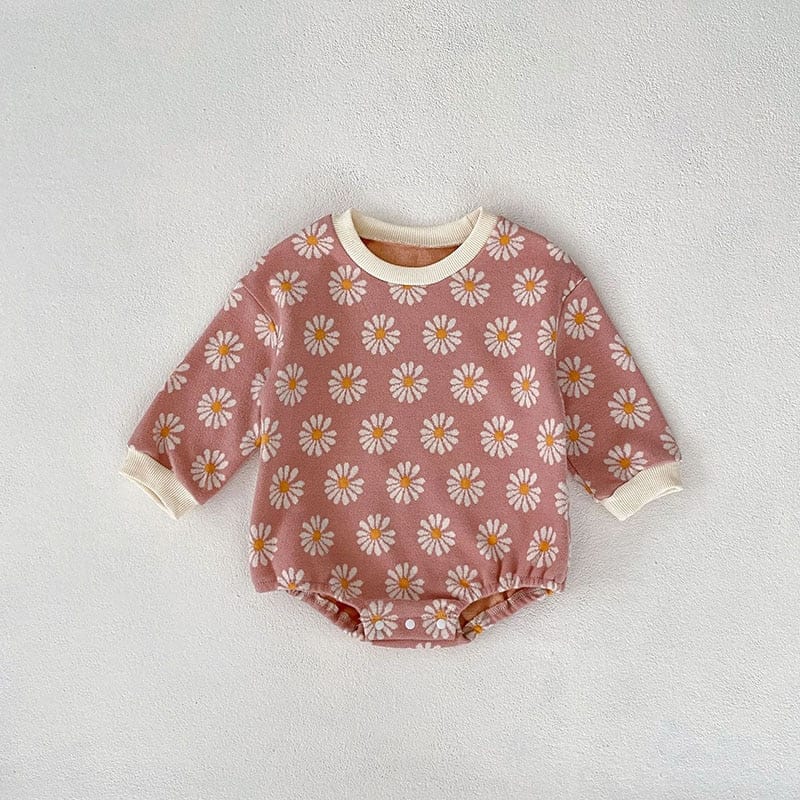 長袖ロンパース pink / 66cm ベビー服 長袖 ロンパース レトロフラワー 花柄 ベージュ ピンク 2色 女の子