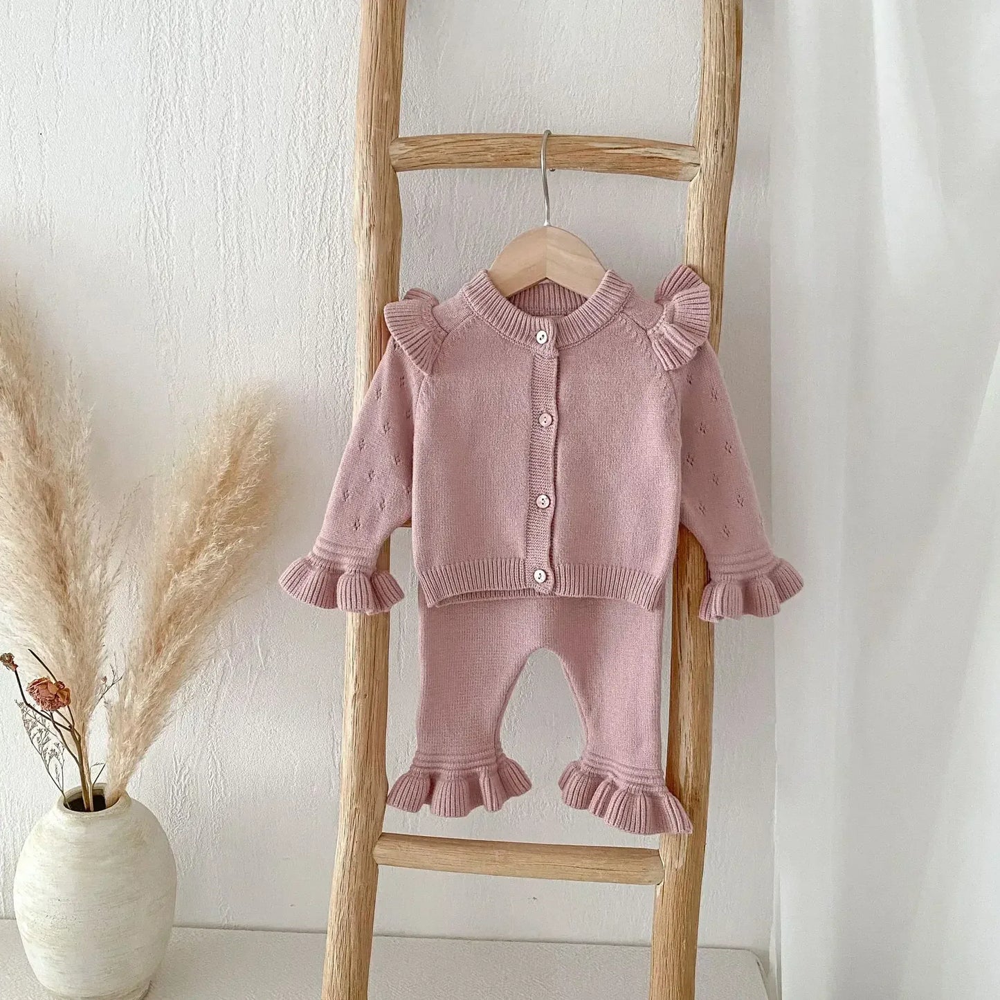 長袖セットアップ Pink / 66cm ベビーセットアップ 2点セット ニットショルダーフリルカーディガン+ニット裾フリルパンツ 3カラー【mh0007303】