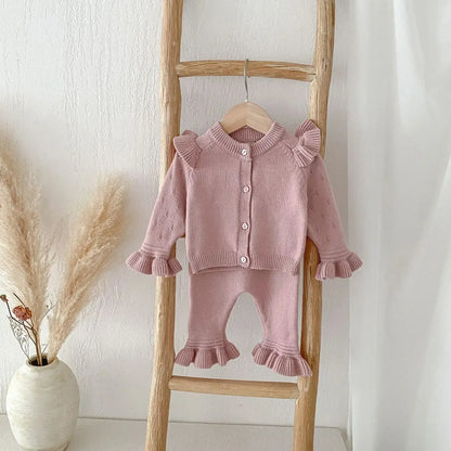 長袖セットアップ Pink / 66cm ベビーセットアップ 2点セット ニットショルダーフリルカーディガン+ニット裾フリルパンツ 3カラー【mh0007303】