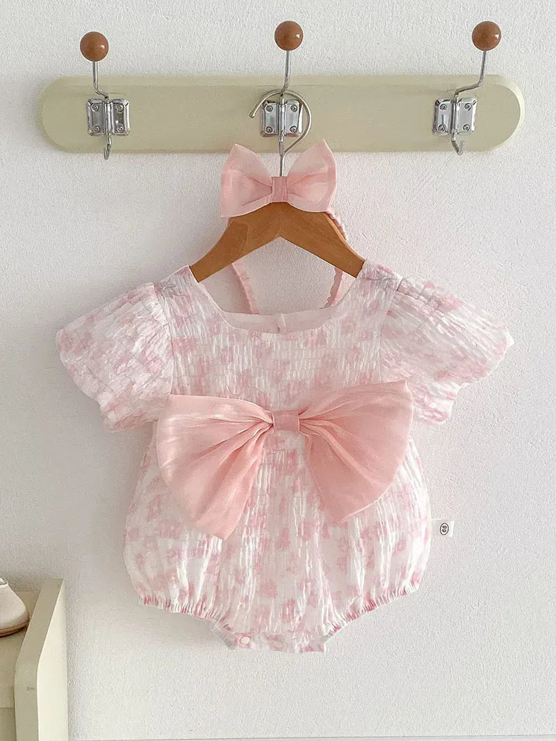 半袖ロンパース Pink / 66cm ベビーロンパース 半袖パフスリーブボディスーツ リボン フラワープリント ヘアバンドセット 2カラー【mh0005422】
