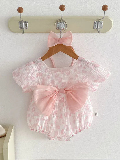 半袖ロンパース Pink / 66cm ベビーロンパース 半袖パフスリーブボディスーツ リボン フラワープリント ヘアバンドセット 2カラー【mh0005422】