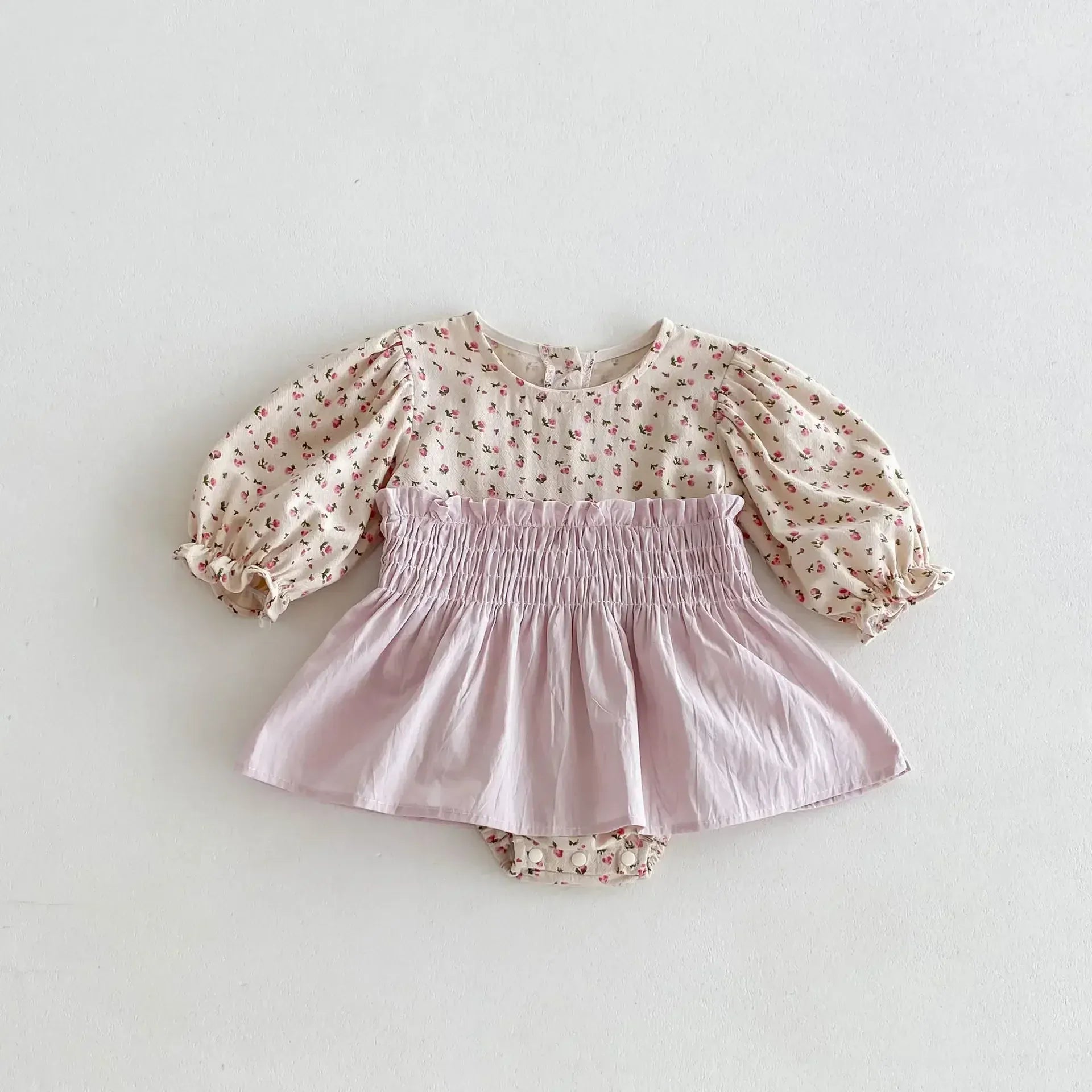 長袖ロンパース Pink / 66cm ベビーロンパース フラワープリントシャーリングスカートドッキング長袖ボディスーツ 2カラー【mh0007322】