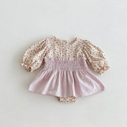 長袖ロンパース Pink / 66cm ベビーロンパース フラワープリントシャーリングスカートドッキング長袖ボディスーツ 2カラー【mh0007322】