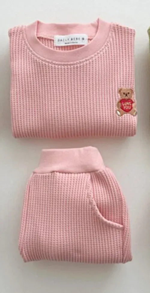 長袖セットアップ pink / 66cm ベビーセットアップ 2点セット ワッフル 長袖Tシャツ ロングパンツ ベアくまワンポイント刺繍