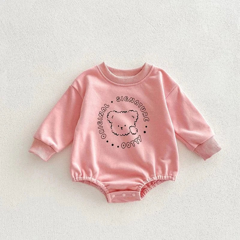 長袖ロンパース pink / 66cm ベビーロンパース 長袖ボディスーツ ベアくまプリント 3カラー