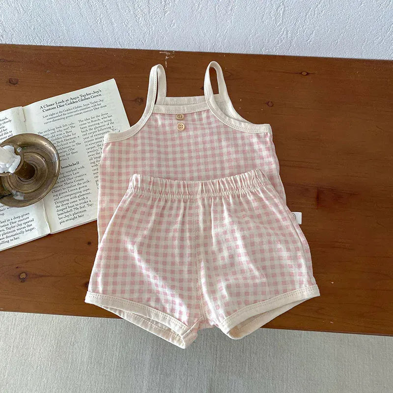 ノースリーブセットアップ pink / 66cm / 取り寄せ（3〜14日） ☺︎ ベビーセットアップ 2点セット キャミソールトップス+ショートパンツ チェック インナーウェア