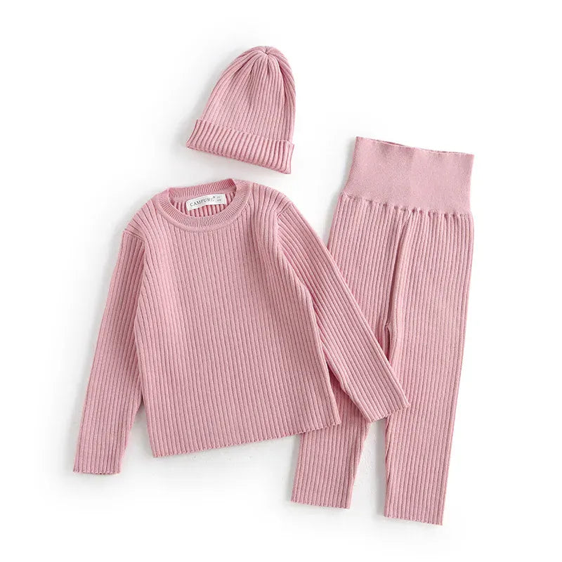 長袖セットアップ Pink / 66cm ベビーキッズセットアップ 3点セット 長袖パジャマセット 長袖リブTシャツ+ハイウェストリブパンツ+ニットキャップ帽子【mh0008504】